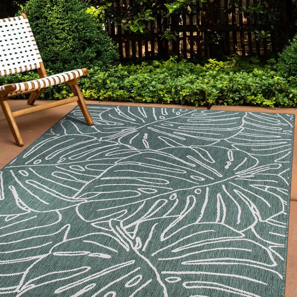 World Rug Gallery Contemporary Tropical Leaves Weather Resistant Indoor/Outdoor Area Rug 5' x 7' Green 4031GREEN5X7 - main